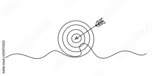 Minimalist Continuous Single Line Art Illustration of Archery Target with Arrow in Bullseye Representing Goal Achievement and Success
