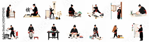 Obraz na plátně Collection of traditional Japanese calligraphy artists and scribes performing various tasks like writing kanji, preparing paper, and hanging scrolls in a minimalist vector style