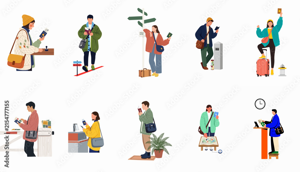 Naklejka premium Flat Vector Illustration Set of Diverse People Travelers and Tourists at Airport Terminal with Luggage, Passports, and Maps for Global Travel and Vacation Concept