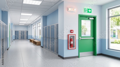 School hallway with lockers and emergency exit safety features