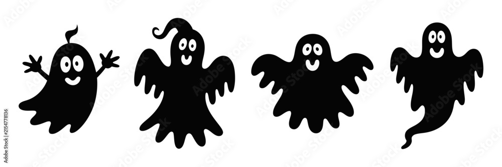 Fototapeta premium Halloween ghosts, hand drawn cartoon silhouettes flying in playful spooky style with whimsical expressions and festive seasonal charm