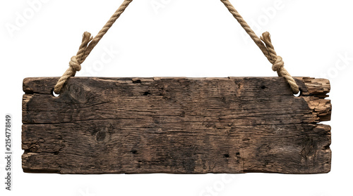 Old weathered wooden sign hanging on ropes isolated on transparent background