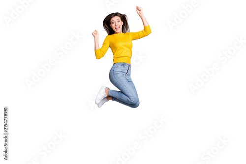 Obraz na plátně Full size profile photo of optimistic brunette nice lady jump wear yellow sweate