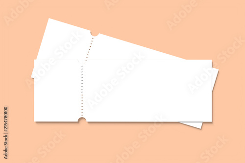 Two blank ticket mockups with tear off stub on pastel background 3d rendering