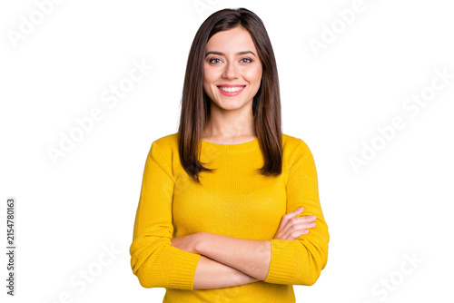 Fotografía Photo of young happy cheerful positive smiling girl with crossed hands wear yell