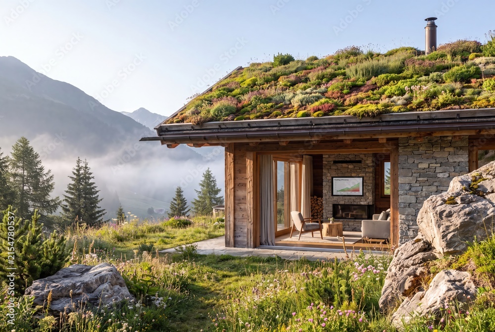 Fototapeta premium Modern eco chalet with green roof in mountains scenic morning view