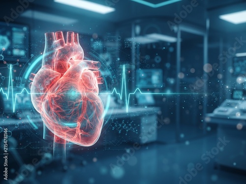 Digital human heart anatomy model in modern hospital laboratory with cardiology