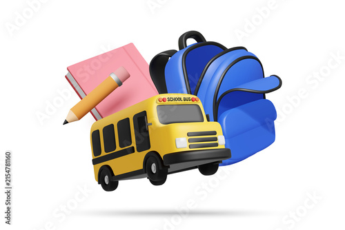 3d rendering of yellow school bus blue backpack pink notebook and pencil isolated on transparent background png ideal for back to school education concept study supply and student banner design