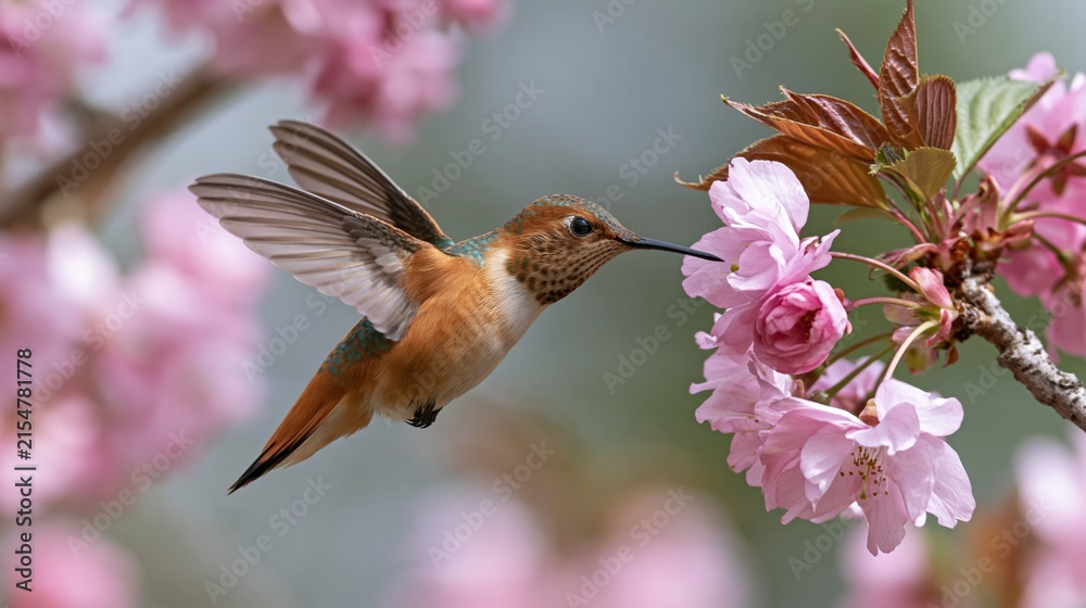 Naklejka premium The Hummingbird Feeding on Pink Blossom Branch in Spring Garden