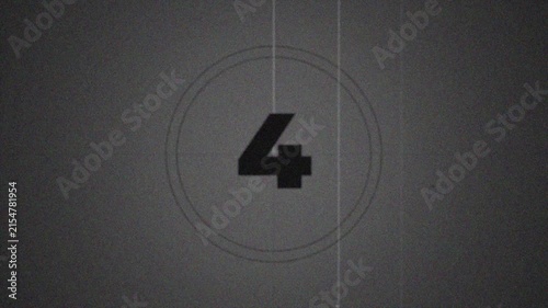 Countdown movie from 10 to 0 seconds. Old film movie timer count in grey retro style. Vintage video timer, retro cinema animation with AI post effects