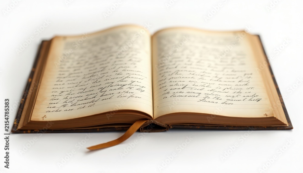 Fototapeta premium Open journal with aged paper and cursive handwriting on wooden surface, open journal showing yellowed pages, ink stains, ribbon bookmark and leather cover, open journal for editorial layouts,