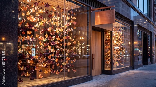 Modern boutique storefront decorated with glowing golden autumn leaves hanging in the window display at dusk, featuring a blank copper mockup sign above the wooden entrance.