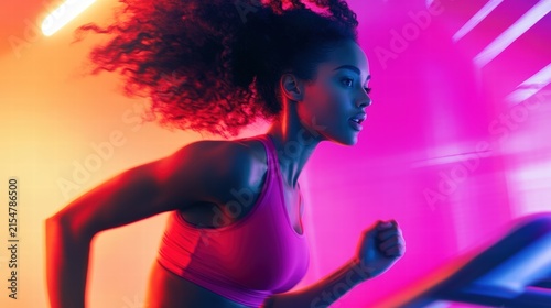 Woman sprints vibrant neon fitness energy.
