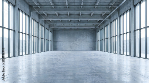 Empty large industrial warehouse interior with many windows and concrete floor
