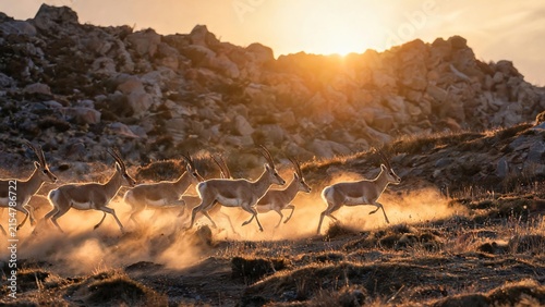 Large antelope herd galloping freely across sun‑dappled African savanna in warm golden afternoon glow