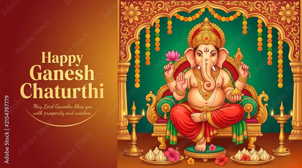 Fototapeta premium Happy Ganesh Chaturthi Celebration Banner – Teal and Golden Glow Background with Clay Ganesha Idol and Copy Space