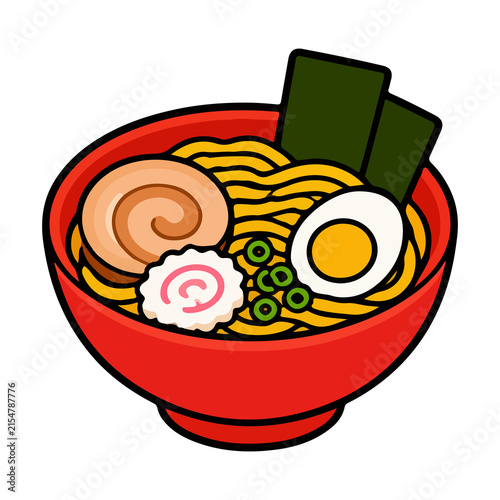 Foto Red bowl of Japanese ramen noodles with egg and chashu pork vector illustration