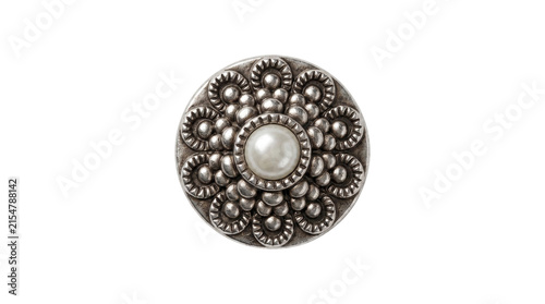 Canvastavla Ornate silver metal button with pearl center on a transparent background