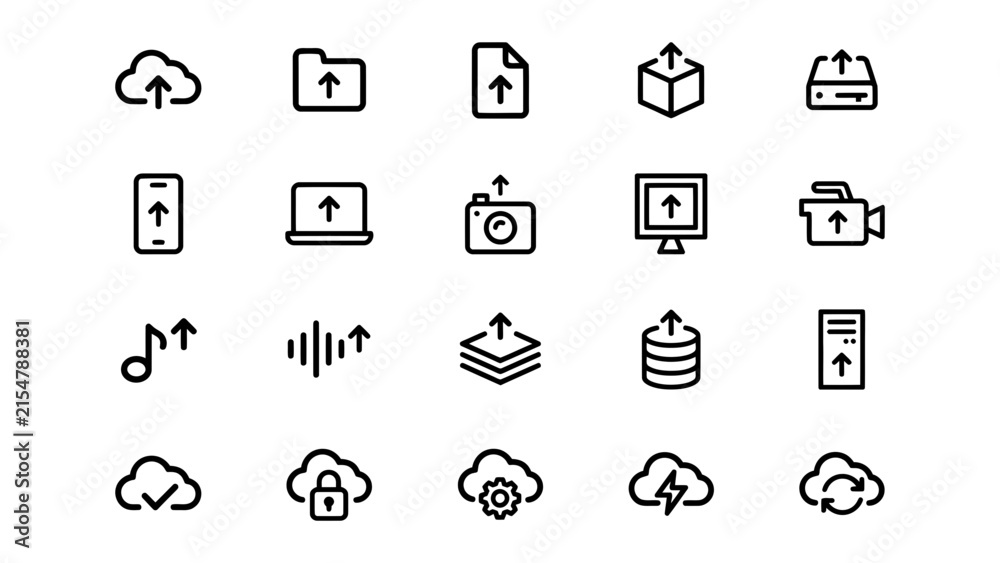 Fototapeta premium Set of modern upload icons featuring cloud storage and file transfers