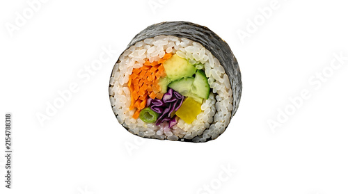 Single piece of fresh vegetable sushi roll isolated on a clean white background for culinary menu design