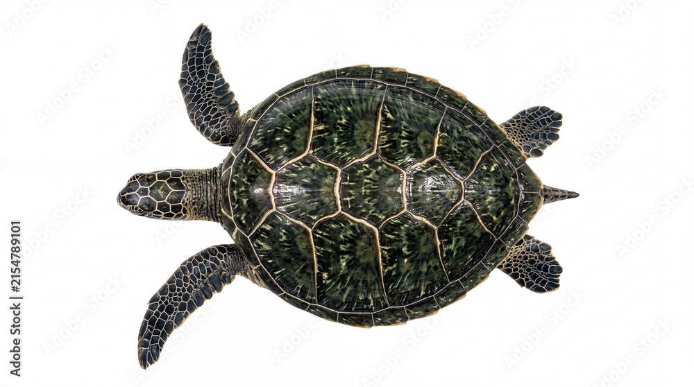 Fototapeta premium Green sea turtle swimming viewed from above showing detailed shell texture isolated on white background