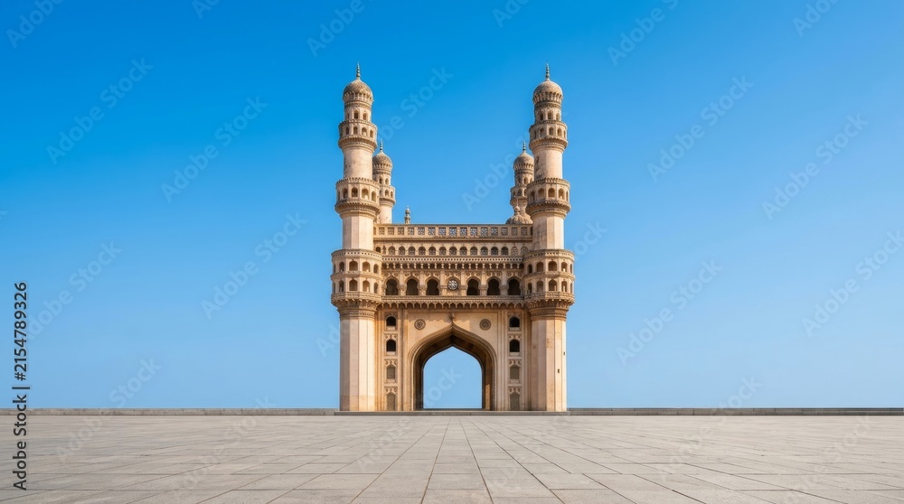 Fototapeta premium Iconic Charminar Monument Standing Against A Clear Blue Sky In Hyderabad India.