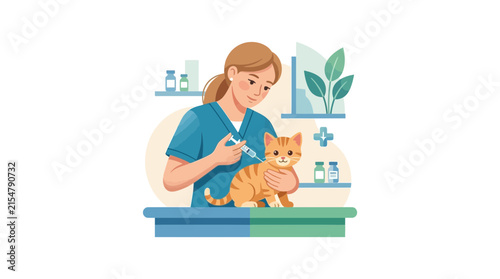 Female vet injecting cat during medical checkup.