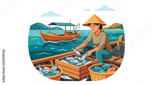 Female worker organizing freshly caught fish in crates.