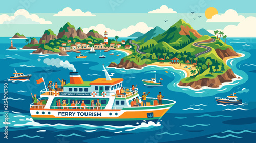 Ferry boat transporting passengers near a tropical island.