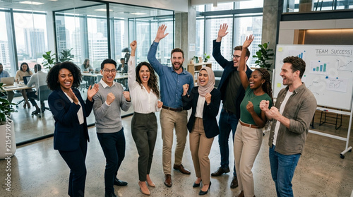 Diverse business team celebrating success in modern office, arms raised in joy and excitement.