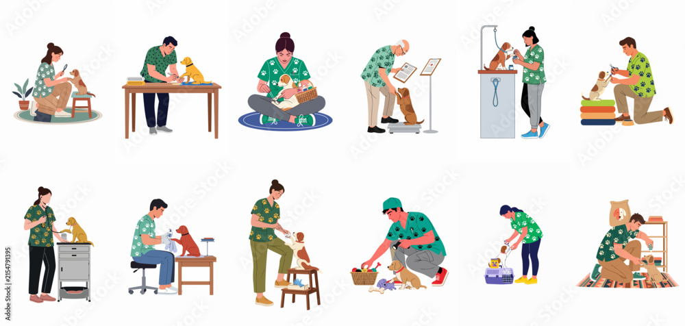 Fototapeta premium Vector Illustration Set of Veterinarians and Groomers Providing Professional Care for Dogs including Medical Exams, Grooming, Training, and Feeding in a Modern Veterinary Clinic or Pet Shop