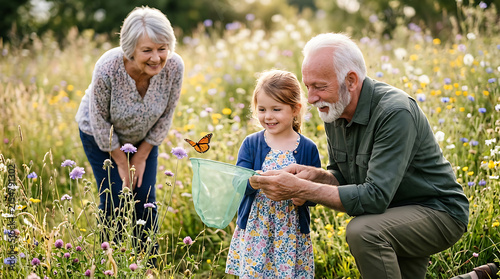 joyful family enjoying a day outdoors in a colorful flower meadow with a butterfly net capturing nature's beauty