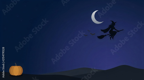 Halloween witch flying on broomstick silhouette, spooky night sky with crescent moon, dark holiday background with pumpkin isolated on White Background