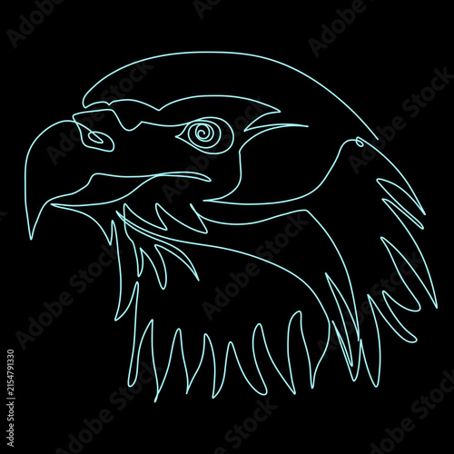 The head of an imperious eagle, drawn with a single neon line against a black background
