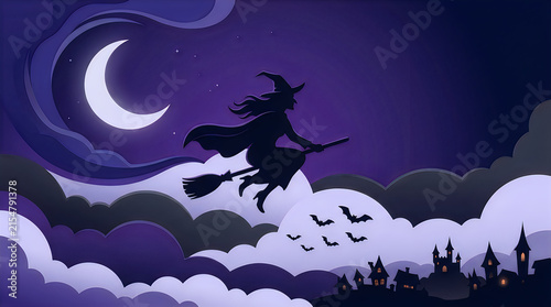 Halloween witch flying on broomstick, spooky night sky with crescent moon and bats, paper cut style purple background isolated on White Background