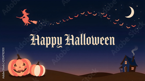 Spooky Happy Halloween banner, flying witch and bats in night sky, glowing jack o lantern pumpkins on hills isolated on White Background