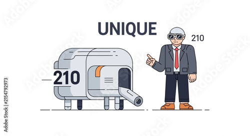 Fotografie Man in suit and sunglasses next to unique machine with number 210