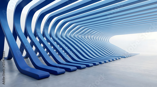 Symmetrical blue curved architectural arches creating tunnel effect with architecture sculpture structure abstract perspective geometric