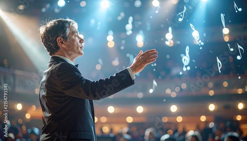Music Conductor on Stage with Floating Notes in a Concert Hall