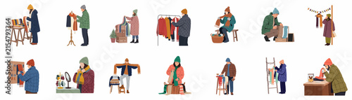 Set of flat vector illustrations of people shopping at a winter Christmas market, characters browsing clothes, scarves, and accessories at outdoor stalls isolated on a white background.