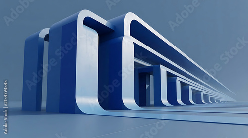 Row of blue architectural portal frames leading into distance with architecture structure geometric perspective repeating minimalism building