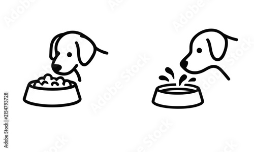 Minimalist line icons of a dog eating food and drinking water with drinking illustration domestic