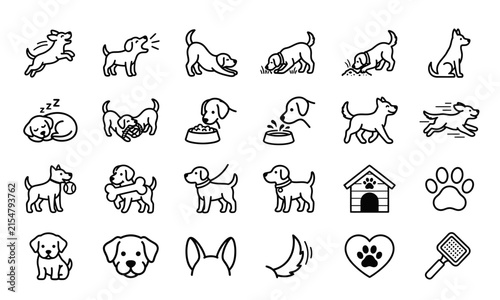 Collection of various dog activities and pet care line icons with collection activities behavior
