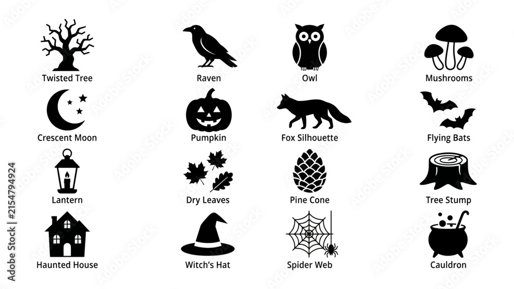 Fototapeta premium Halloween Icon Set: A collection of classic Halloween symbols, including a twisted tree, raven, owl, mushrooms, crescent moon, pumpkin, fox, flying bats, lantern, dry leaves, pine cone, tree stump.