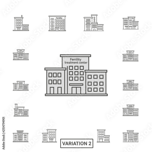 Fertility treatment center building line icons set on white background