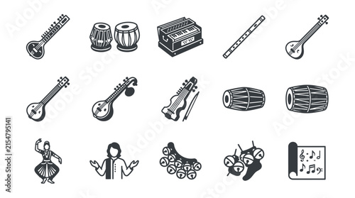 Indian Musical Instruments and Dancers Icons Set