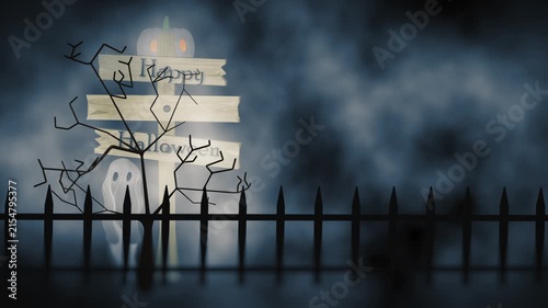 Ghost floats around trick or treat rickey old broken wooden signpost in foggy Halloween scene