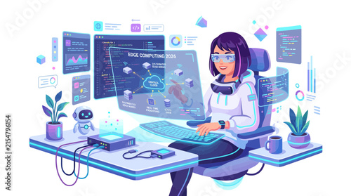Female programmer wearing VR headset with holographic code displays