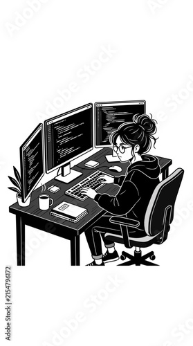 Female programmer working at a desk with three monitors