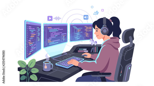 Female programmer with headphones working on multiple glowing monitors.